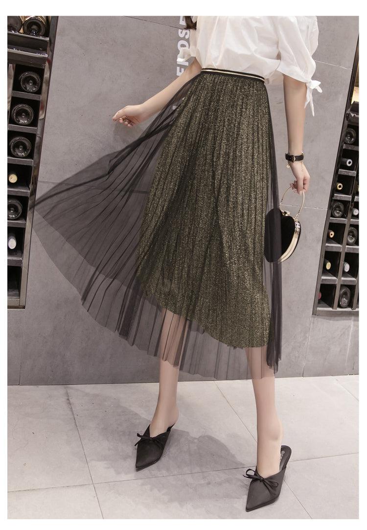 Fusta midi plisata din tulle cu sclipici 1820 Negru-auriu - Lusha.ro