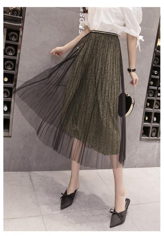 Fusta midi plisata din tulle cu sclipici 1820 Negru-auriu - Lusha.ro