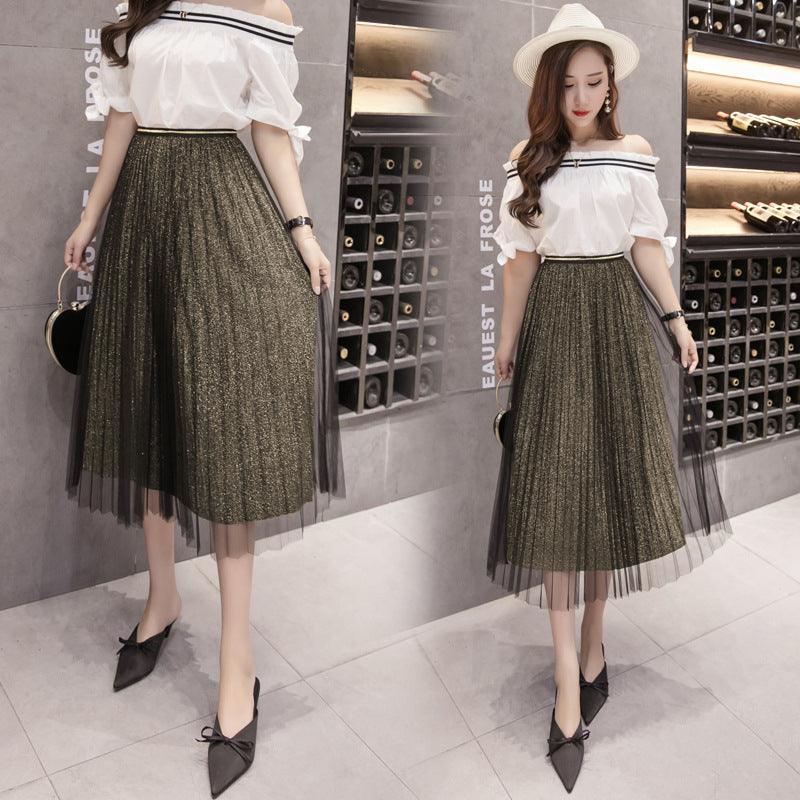 Fusta midi plisata din tulle cu sclipici 1820 Negru-auriu - Lusha.ro