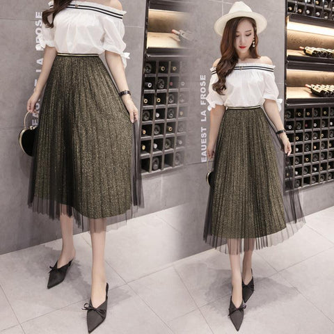 Fusta midi plisata din tulle cu sclipici 1820 Negru-auriu - Lusha.ro