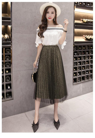 Fusta midi plisata din tulle cu sclipici 1820 Negru-auriu - Lusha.ro