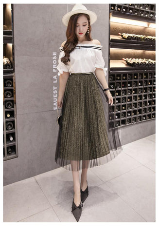 Fusta midi plisata din tulle cu sclipici 1820 Negru-auriu - Lusha.ro