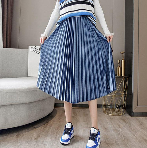 Fusta midi plisata din catifea 21801 Albastru - Lusha.ro