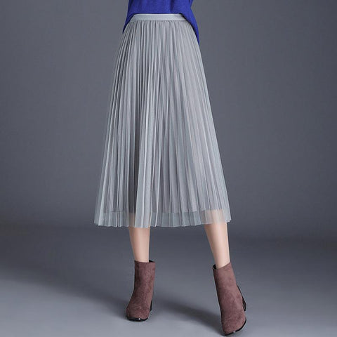 Fusta midi plisata din tulle si catifea Gri , 7612 - LushaShop