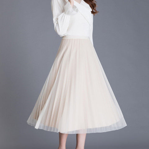 Fusta midi plisata din tulle si catifea Bej , 7612 - LushaShop