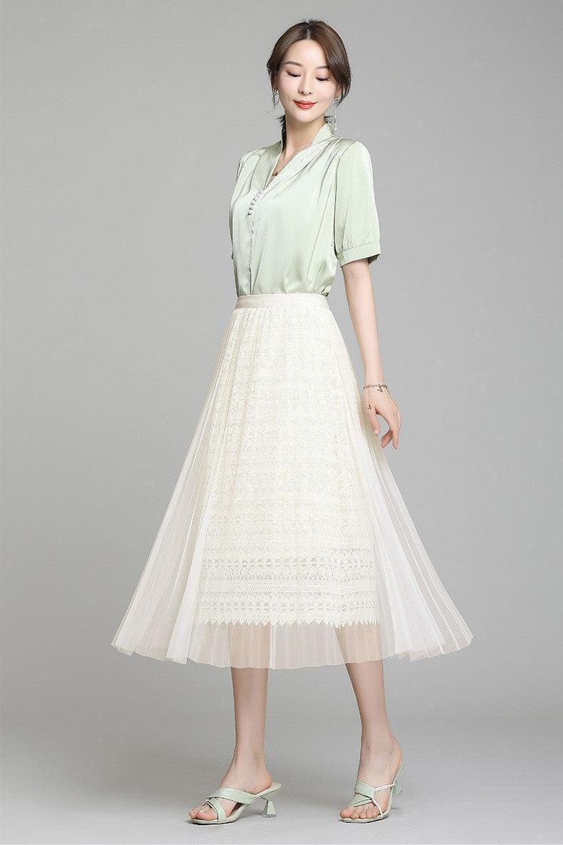 Fusta plisata midi din tulle cu dantela 9102 Bej - Lusha.ro