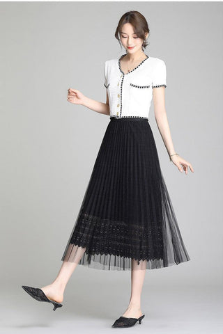 Fusta plisata midi din tulle cu dantela 9102 Negru - Lusha.ro