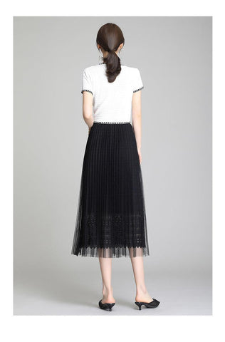 Fusta plisata midi din tulle cu dantela 9102 Negru - Lusha.ro