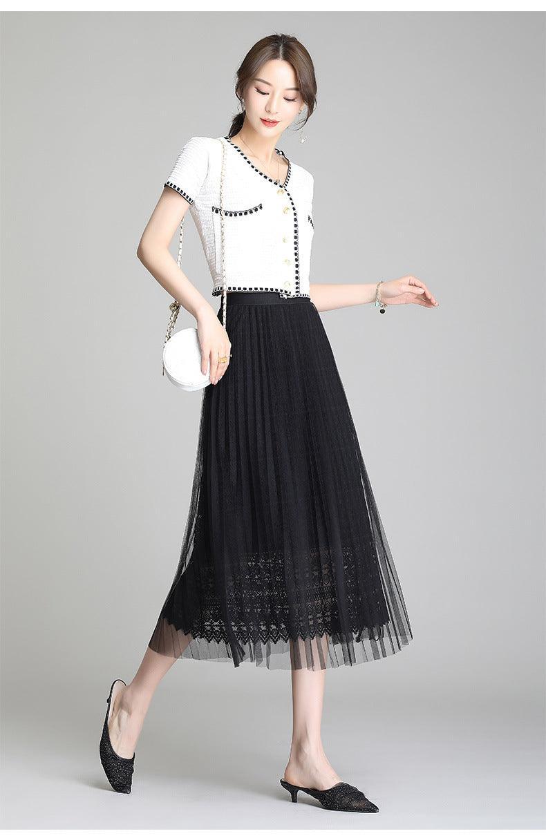 Fusta plisata midi din tulle cu dantela 9102 Negru - Lusha.ro