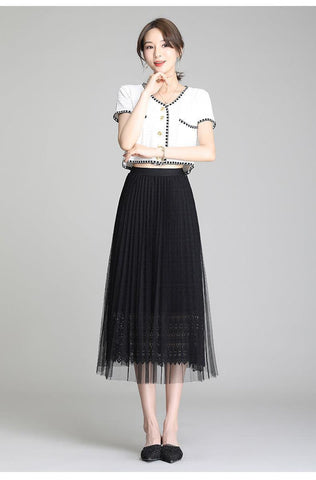 Fusta plisata midi din tulle cu dantela 9102 Negru - Lusha.ro