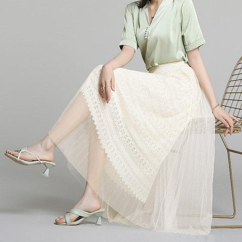 Fusta plisata midi din tulle cu dantela 9102 Bej - Lusha.ro