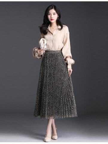 Fusta Midi Plisata cu animal print 923 Bej - Lusha.ro